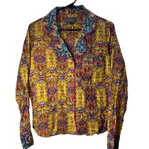 Anthropologie Button Down Shirt Top XS‎ Yellow Multicolor Patterned Long Sleeve